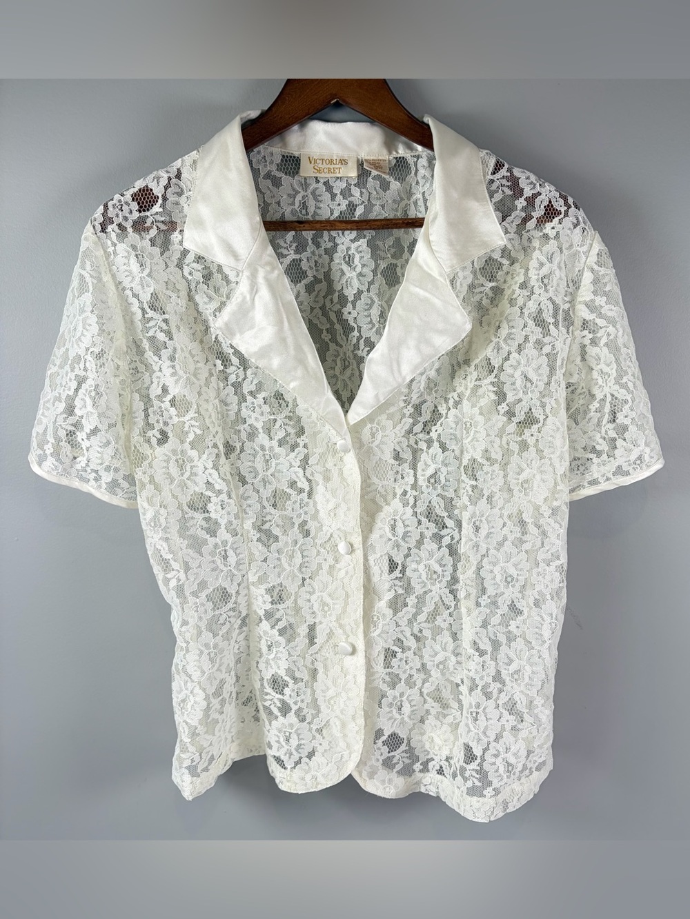Vintage Victoria Secret Gold Label White Sheer Lace Button Up Top Women's Size M